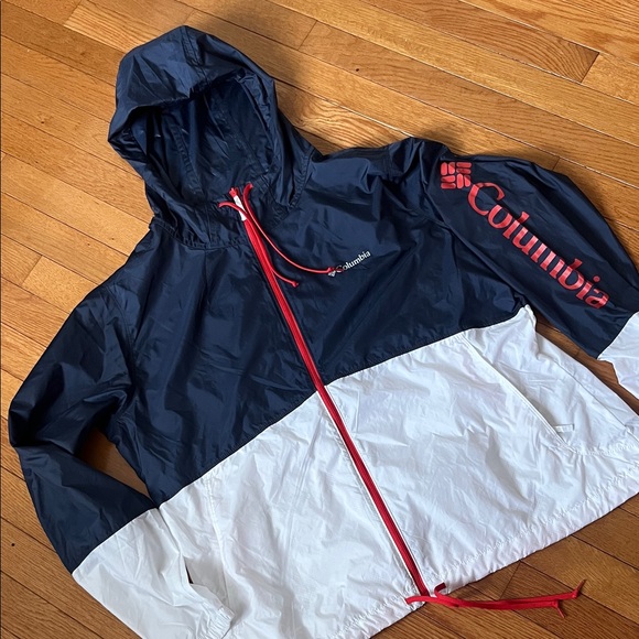 Columbia Flash Forward Red Logo Navy and White Windbreaker Jacket Womens - Picture 1 of 8
